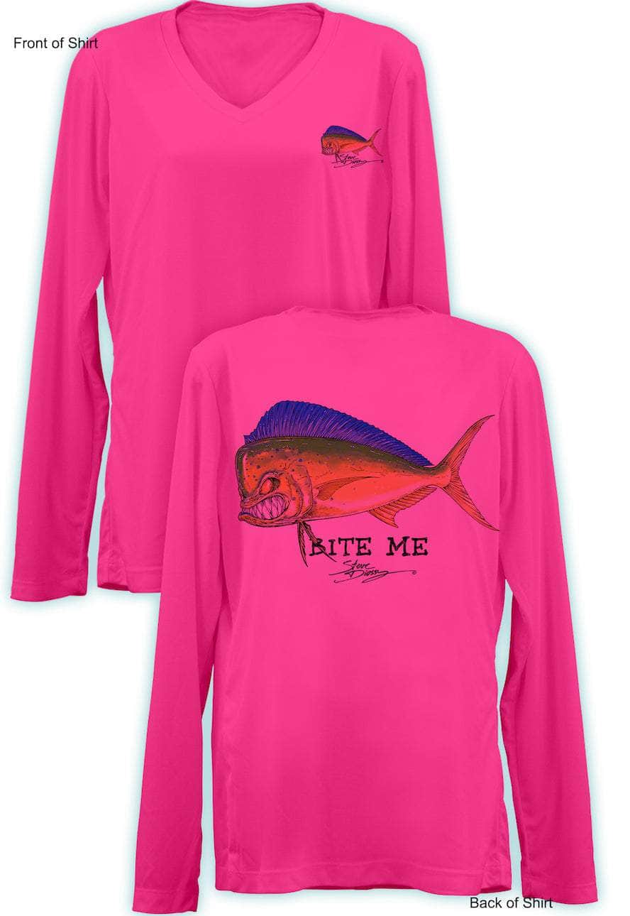 Bite Me Mahi- Ladies Long Sleeve V-Neck-100% Polyester